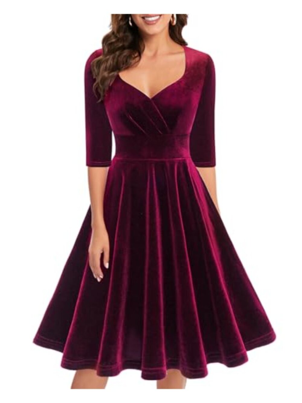 Womens Velvet Long Sleeve Cocktail Midi Dress Sweetheart A-Line Formal